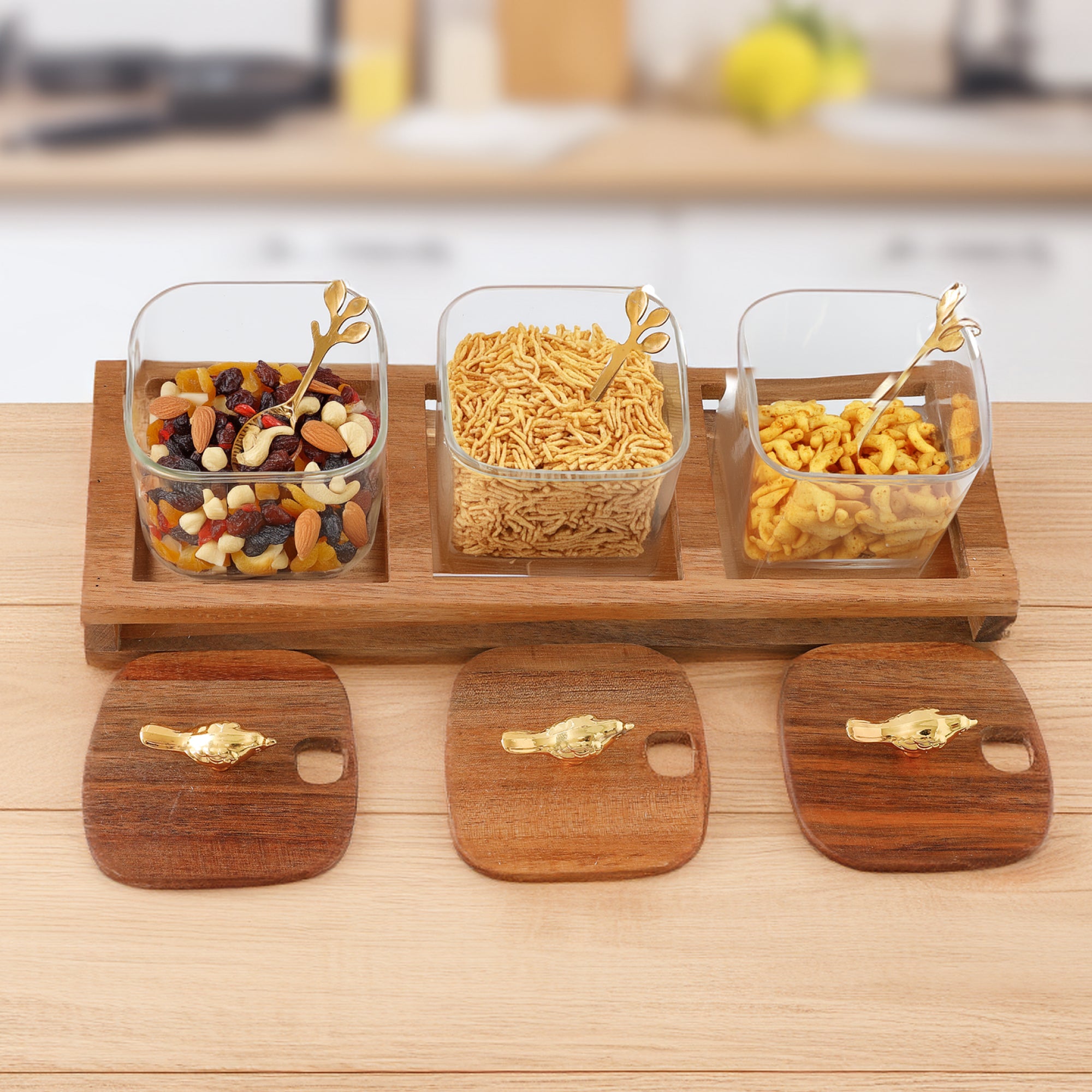 UMAI Platters Serving Set For Snacks With Wooden Tray, Spoon, 3Jars (3