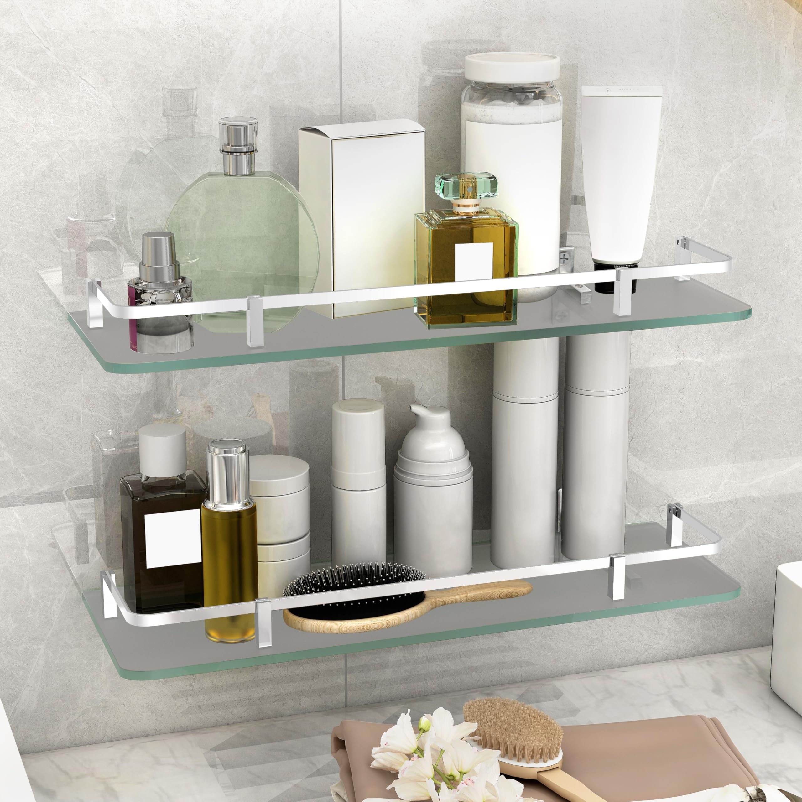 Premium Frosted Glass Shelf - Bathroom Accessories (18x6 Inches Chrome ...