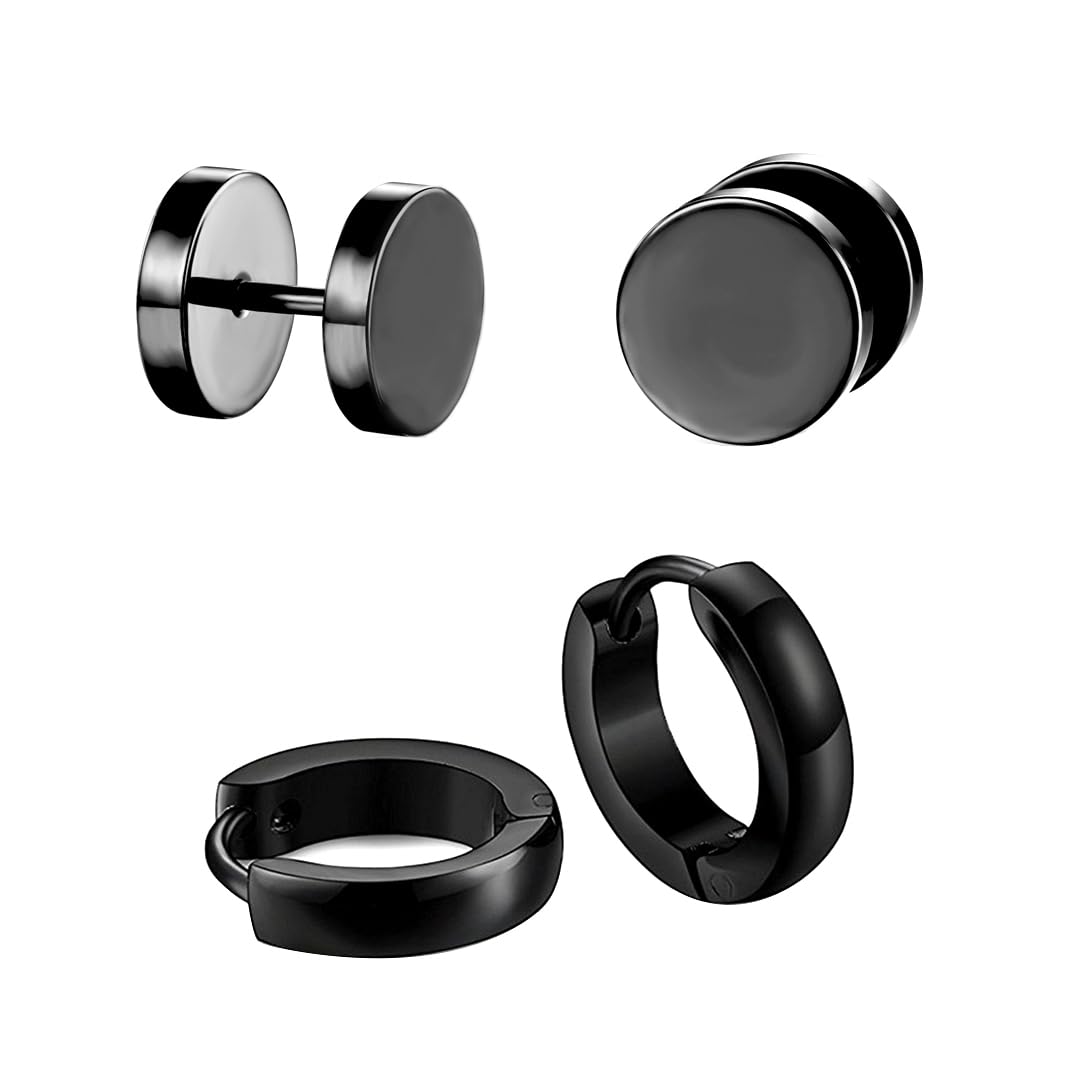 Yellow Chimes Earrings for Men and Boys Pair Combo of Black Hoop