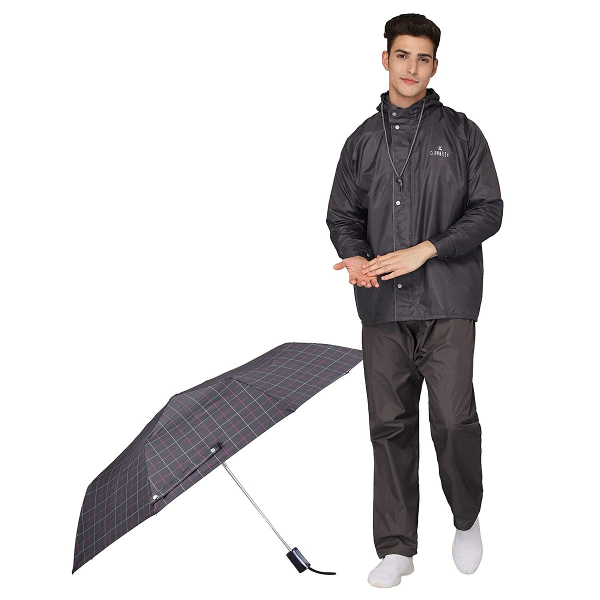 THE CLOWNFISH Combo Of Rain Coat for Men Waterproof Polyester (Grey XL) Umbrella 3 Fold Waterproof Pongee (Checks Design- Dark Pink)