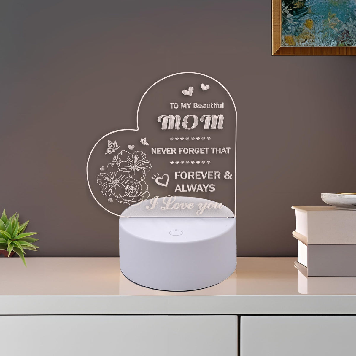 Gleevers Acrylic Plaque with Stand LED Light | Gift For Mother Grandmother | Heart-shaped Engraved Night Light | Mothers Day gift for mom | 1 Pack