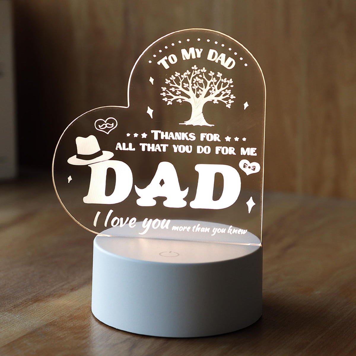 Gleevers Acrylic Plaque with Stand LED Light|Birth Day Christmas Special Occasion|Gift for Dad Grand Father Father's Day|Heart Shaped Engraved Night Light|Best Birthday Gift for Dad|1 Pack.