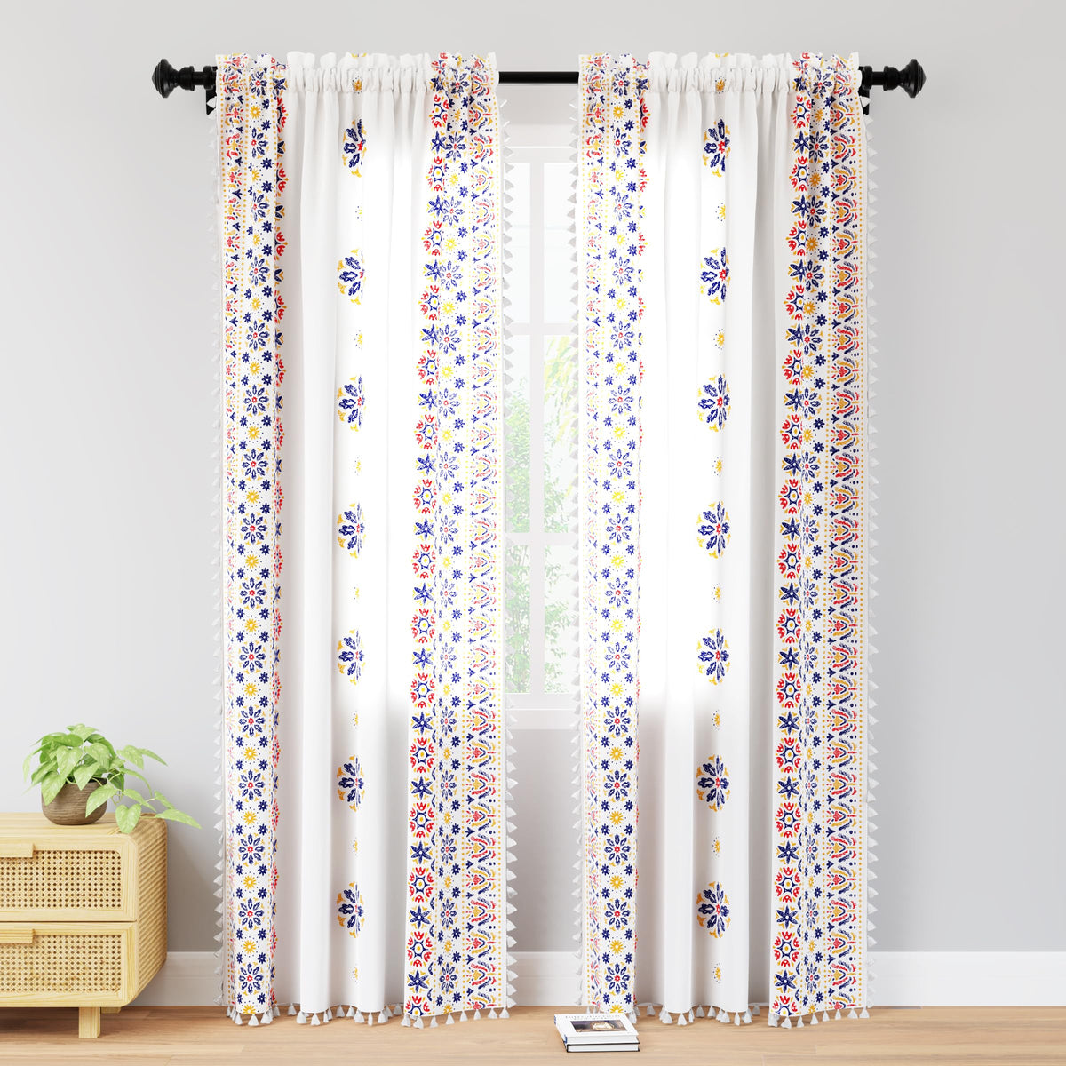 Encasa Boho Semi Sheer Curtains for Door in Bedroom & Living Room (Set of 2)- Boho Bright - Curtain with Tassels & Bohemian Design - 7 ft