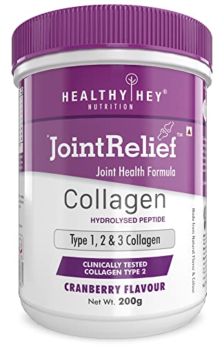 HealthyHey Nutrition JointRelief Collagen Peptide Type 1, 2 & 3 (Hydrolysed) with Glucosamine, Chondroitin, MSM- Support Joint and Cartilage Health - Pack of 200g powder (Cranberry)
