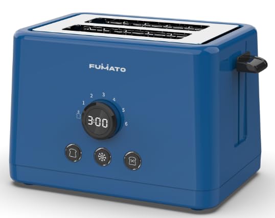 Fumato 1000W Bread Toaster 2 Slices with Bun Rack | Stainless Steel Auto Pop Up Toaster- 6 Heat Modes, Removable Crumb Tray, Extra Wide Slots | Cancel, Reheat & Defrost | 1 Yr Warranty- Midnight Blue