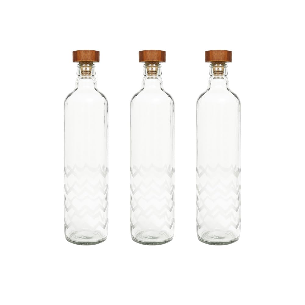 Ellementry Frosted Chevron Glass Bottle with Wooden Stopper (750 ML)- Leak Proof & BPA Free | Bottle for Water, Milk, Juice & Cocktail | Transparent Fridge Bottles for Home Decor & Office (Pack Of 3)