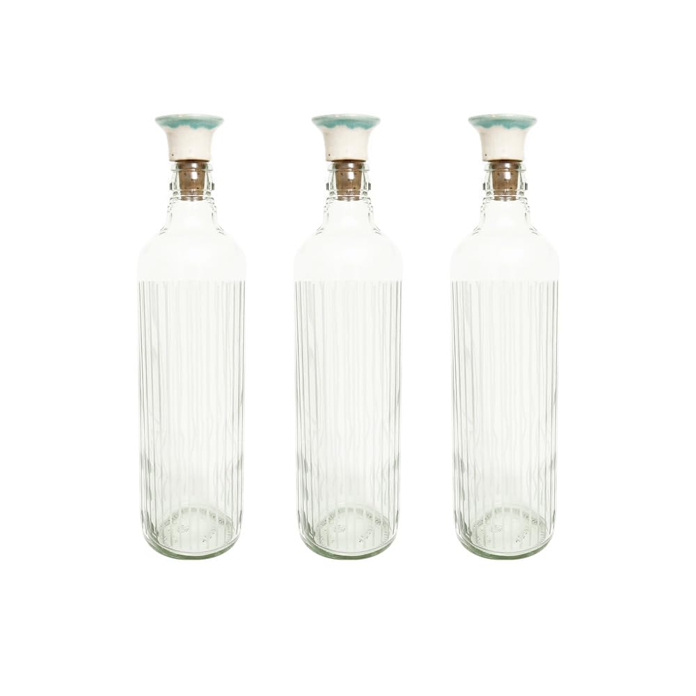 Ellementry Cove Glass Bottle with Ceramic Stopper (750 ML)- Leak Proof and BPA Free | Bottle for Water, Milk, Juice and Cocktail | Transparent Fridge Bottles for Home Decor and Office (Pack Of 3)