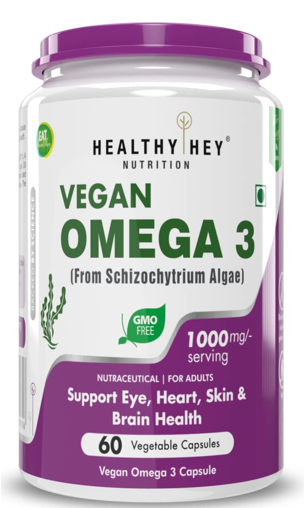 HealthyHey Nutrition Natural Omega 3 - Support Heart, Brain & Joint - Sourced from Algae - Fish Oil-free - 60 Veg Capsules