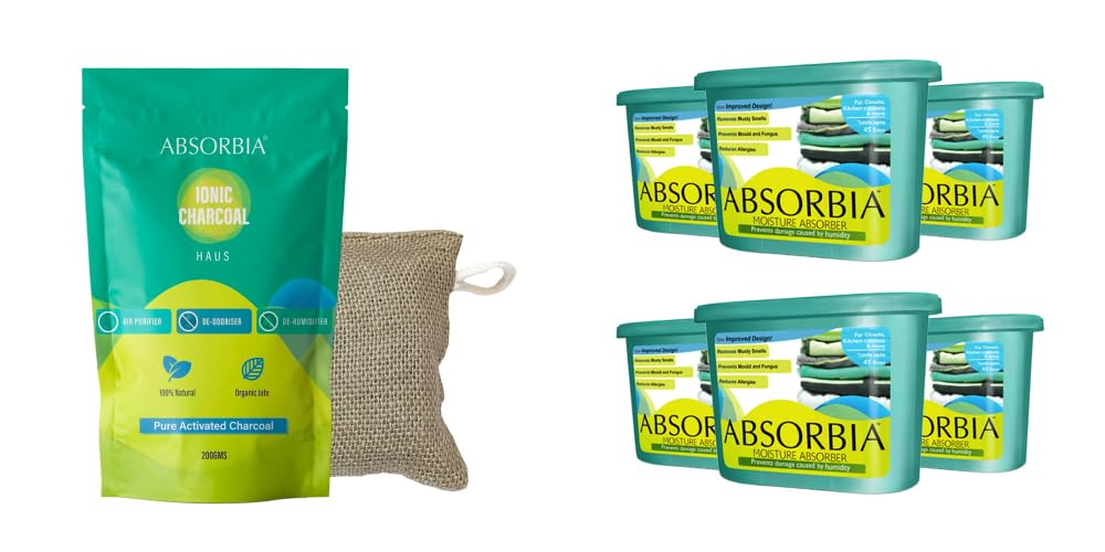 Absorbia Moisture Absorber Classic Box(300g each)- Season Pack of 6 (Absorbs upto 600ml Each) and High grade Coconut Charcoal Bag 200g long lasting Non electric air purifying bag for various spaces