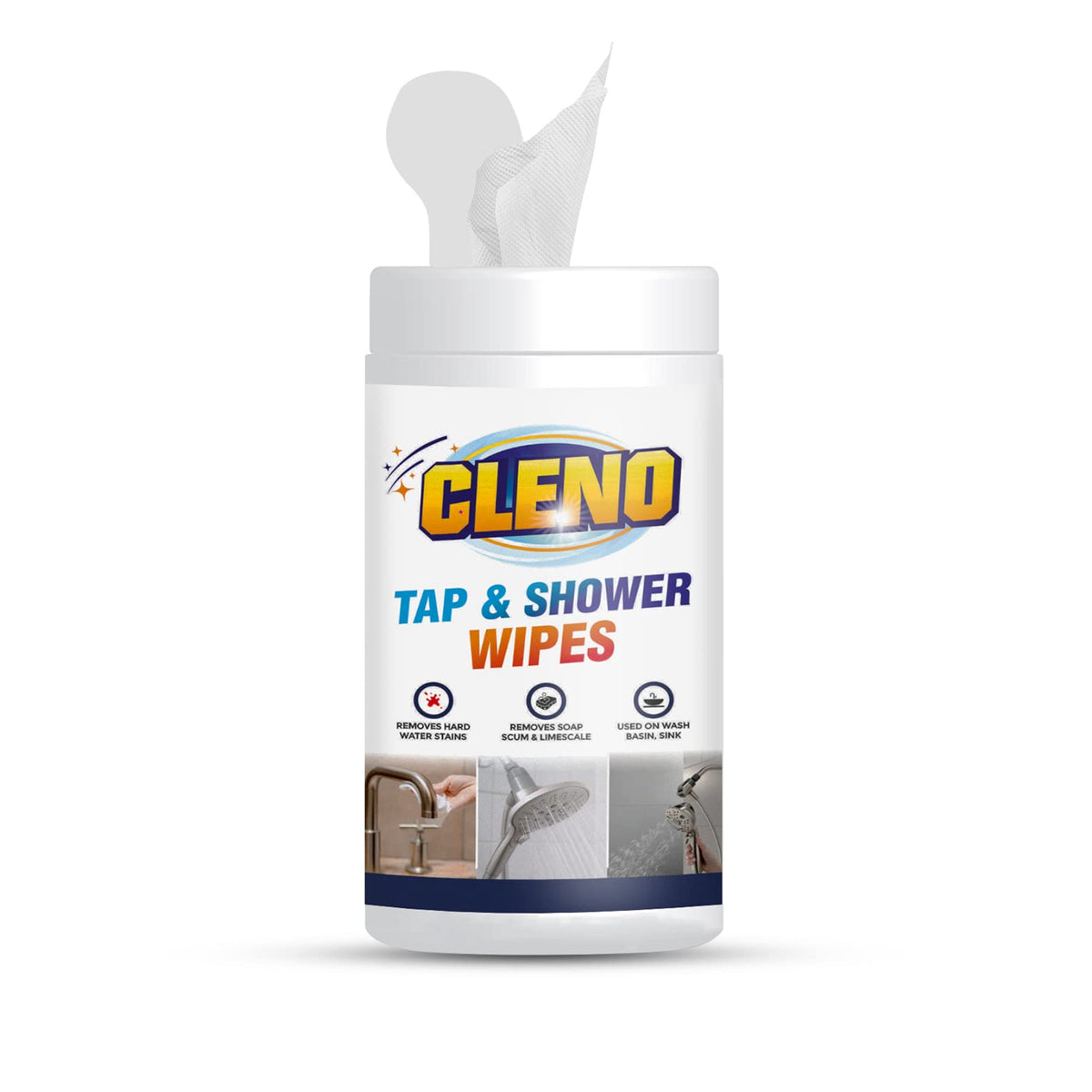 Cleno Tap and Shower Wipes | Hard Water Stain Remover for Tap & Shower | Water Spot Cleaner – 50 - Wipes (Ready to Use)