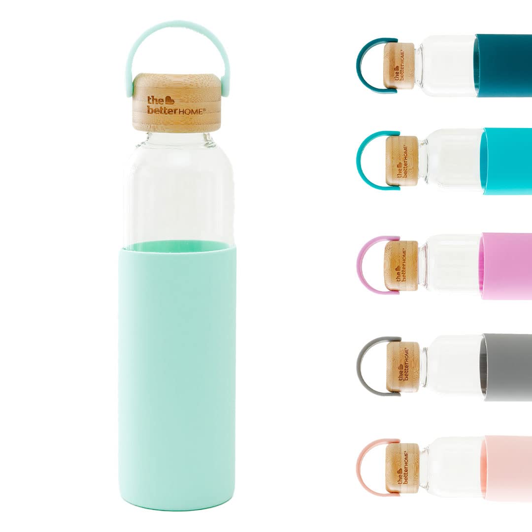 The Better Home Borosilicate Glass Water Bottle with Sleeve (500ml) | Non Slip Silicon Sleeve & Bamboo Lid | Fridge Water Bottles for Men, Women & Kids | Water Bottles for Fridge | Green (Pack of 1)