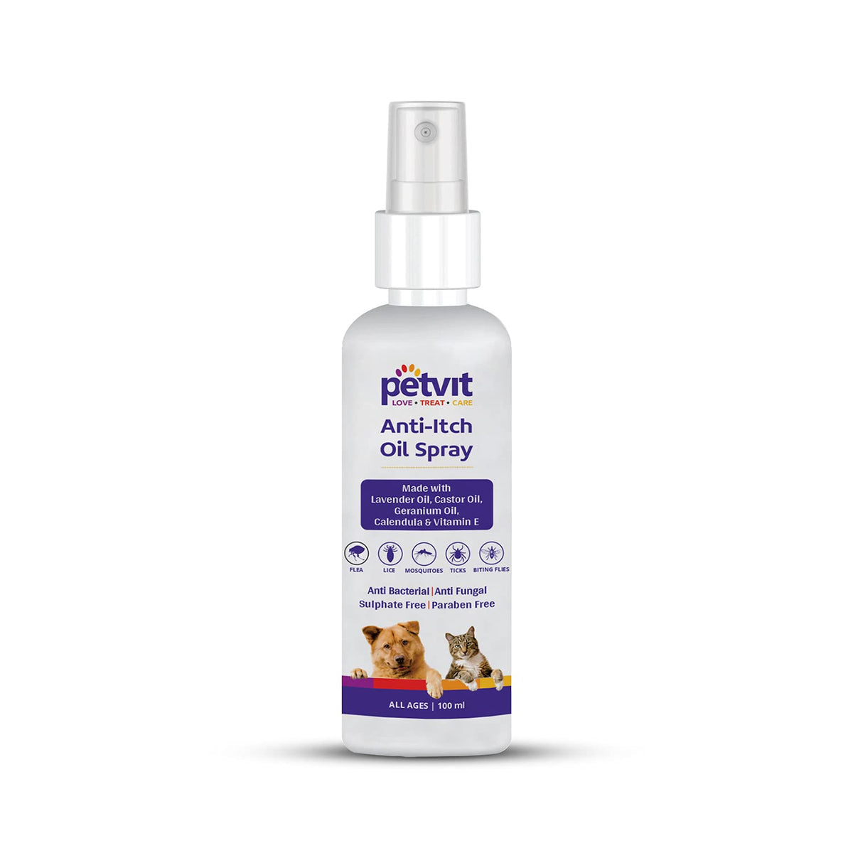 Petvit Anti-Itch Oil Spray - Soothes Itching and Redness | Dogs and Cats | Vitamin E, Lavender Oil & Castor Oil | (100ml) For All Breeds