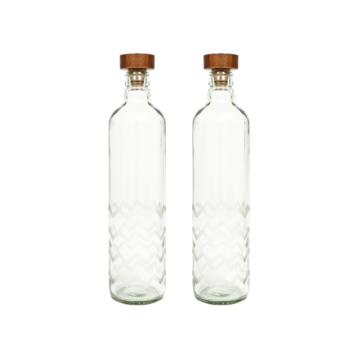 Ellementry frosted chevron glass bottle with brown wood stopper| 750 ml | Clear | Water Bottle | Milk Bottle | Juice Bottle | Cocktail Bottle | Handcrafted | Sustainable | Food Safe | Fusion | Set of 2