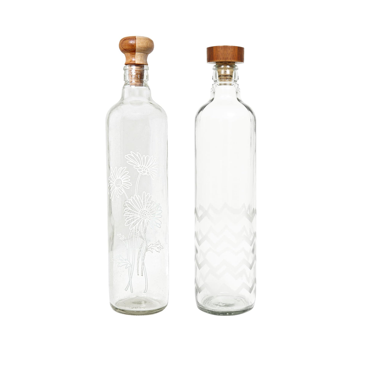 Ellementry glass water bottle 750 ml | Set of 2 - daisy and frosted chevron | Clear | Water Bottle | Milk Bottle | Juice Bottle | Cocktail Bottle | Handcrafted | Sustainable | Food Safe | Cultural Revival | Fusion |