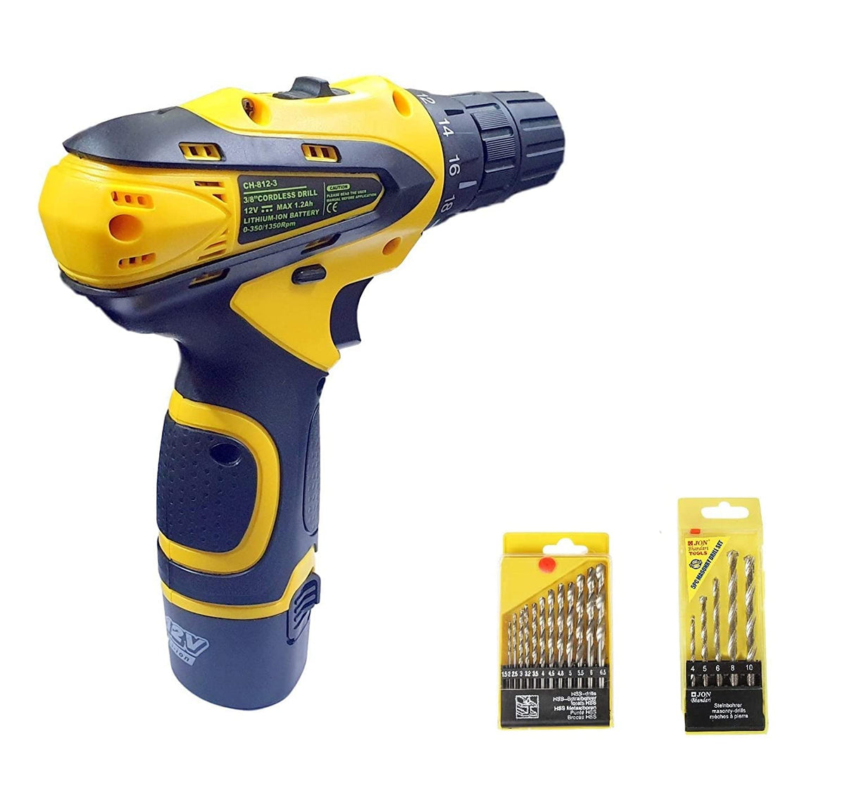 Cheston 10 mm Keyless Chuck 12V Cordless Drill/Screwdriver with 2 Batteries, 5 Wall, 13 HSS Wood bits Variable Dual Speed and Torque Setting (19 and 1, Yellow)