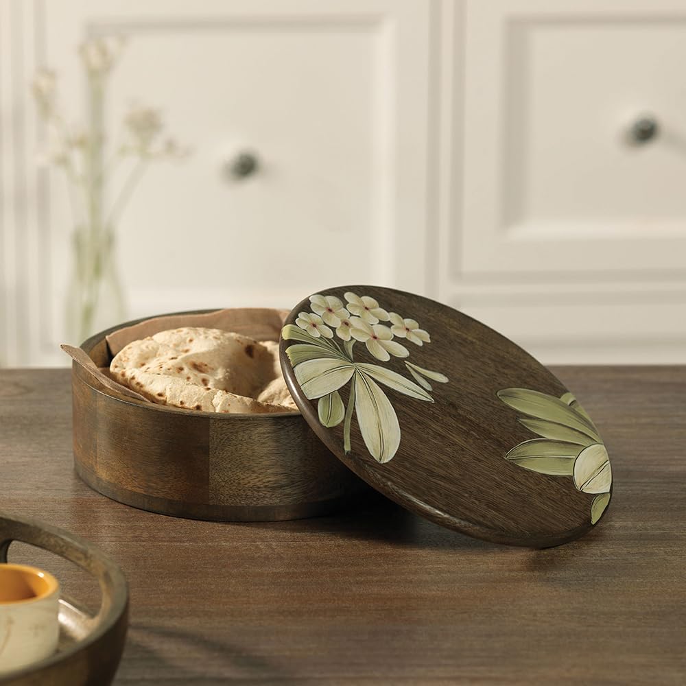 Ellementry Frangipani Wood Round Roti Box| Casserole with Wooden Lid | BPA Free | Food Grade | Serving | Easy to Carry | Kitchen Organizer And Kitchen Storage | Wooden Chapati Box
