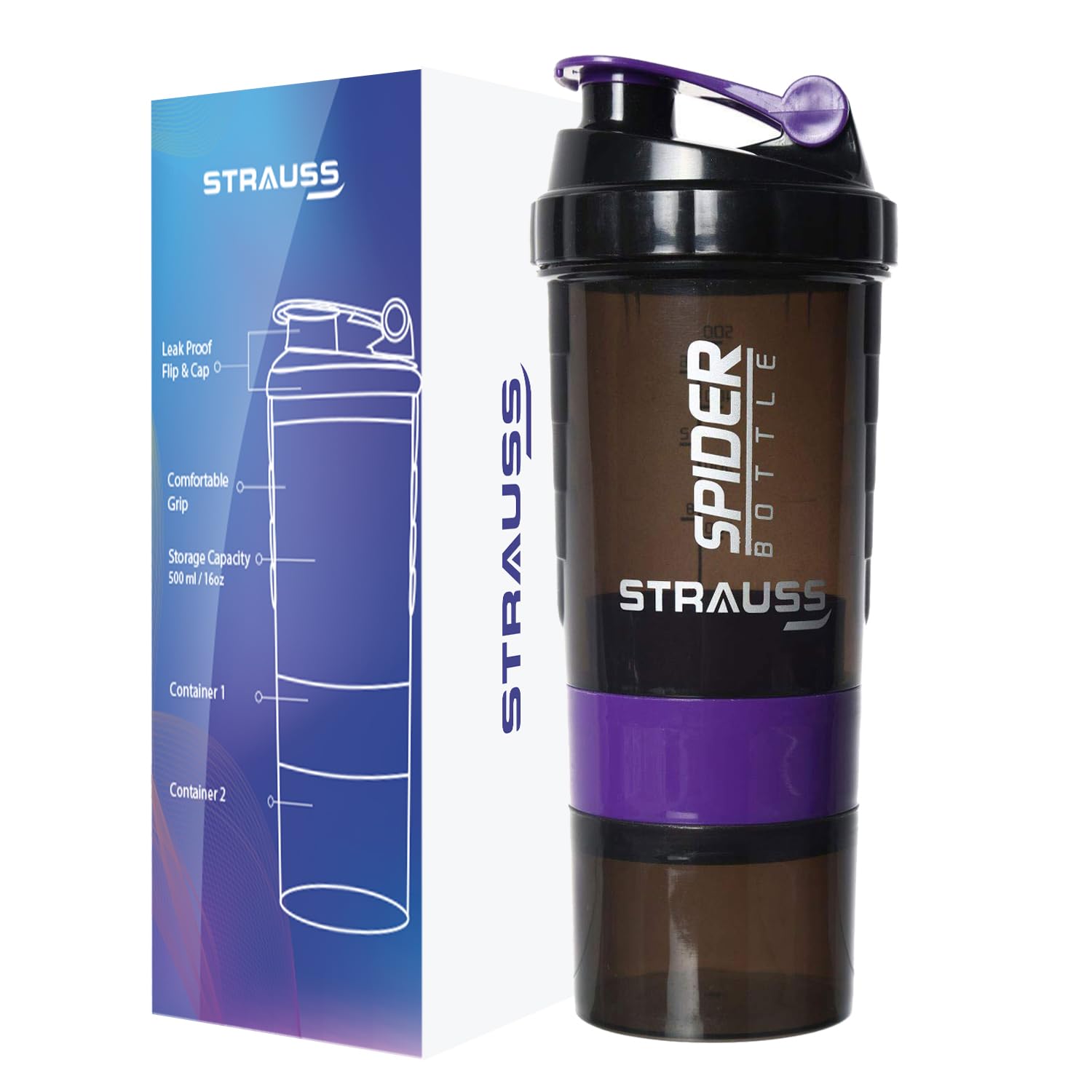 Spider Protein Shaker, Gym Shaker 500ml with 2 Storage Extra Compartment  Green