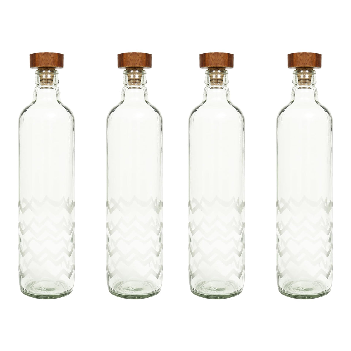 Ellementry frosted chevron glass bottle with brown wood stopper| 750 ml | Clear | Water Bottle | Milk Bottle | Juice Bottle | Cocktail Bottle | Handcrafted | Sustainable | Food Safe | Fusion | Set of 4