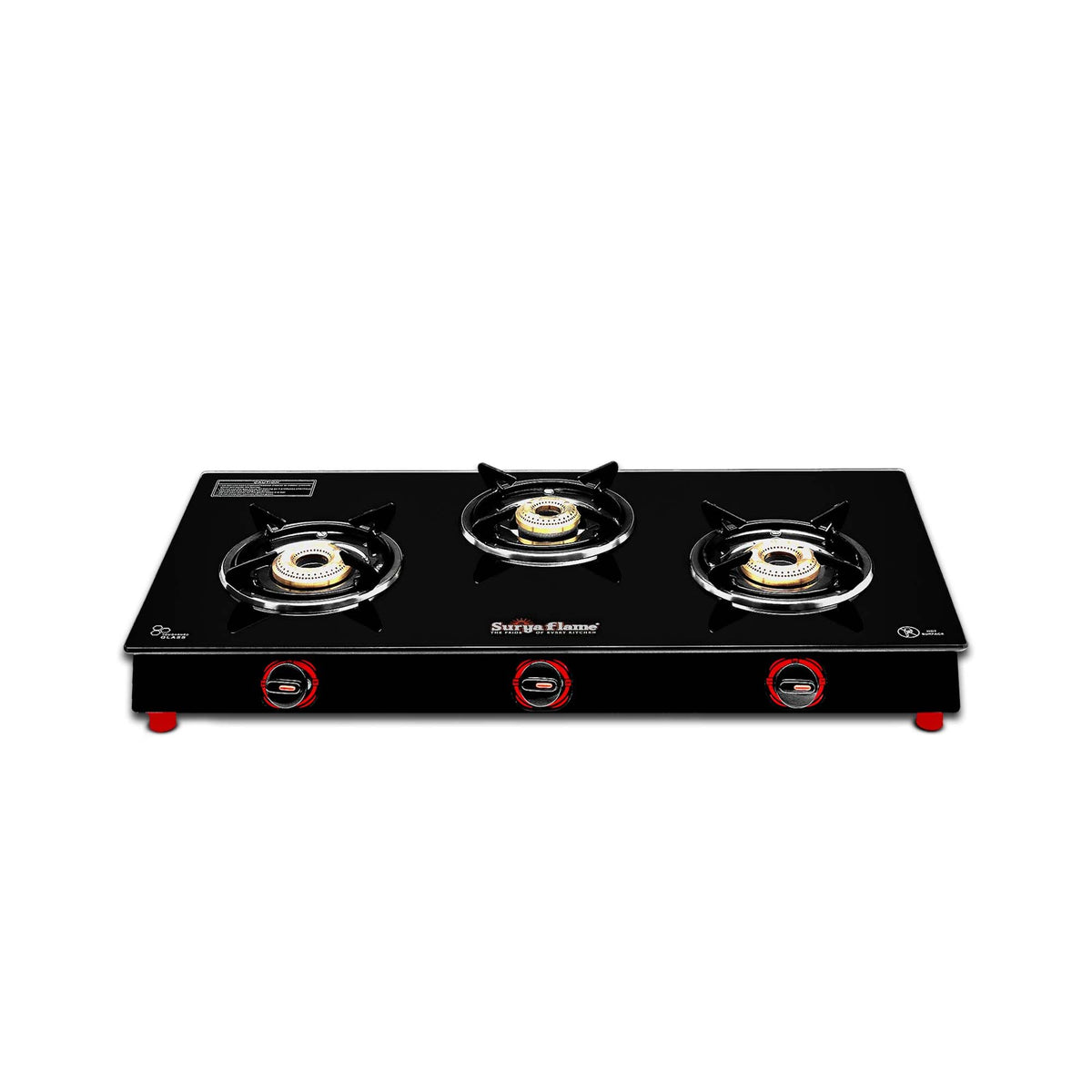 Surya Flame Smart 3 Brass Burner Glass Top chulha Black Manual Ignition India's First PNG Gas Stove, ISI Certified Direct Pipeline Gas 2-Year Doorstep Warranty Including Glass