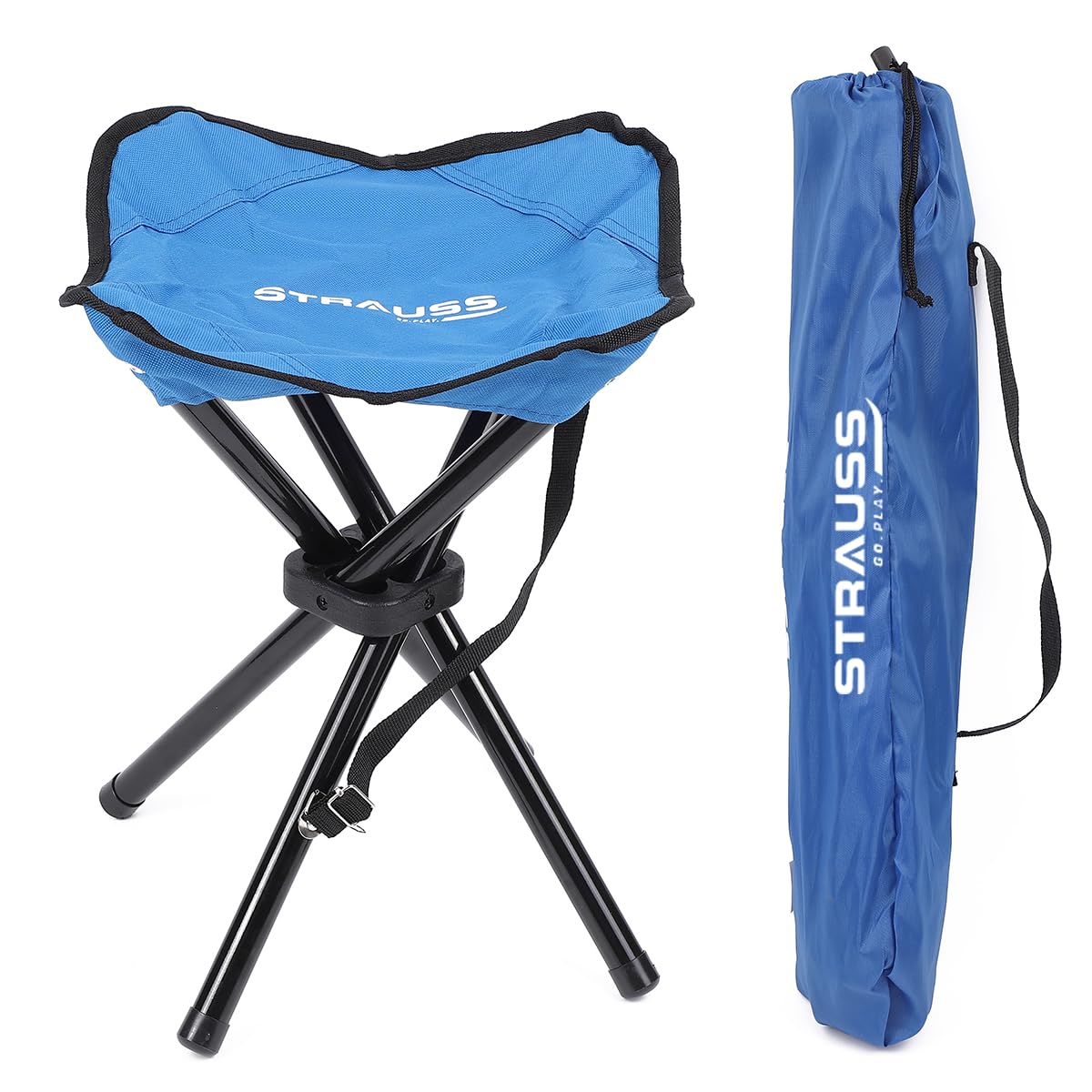 STRAUSS Folding Camping Chair | Portable & Foldable Stool | Portable Chair for Camping, Fishing, Hiking, Gardening and Beach 4 Leg Chair (Blue)