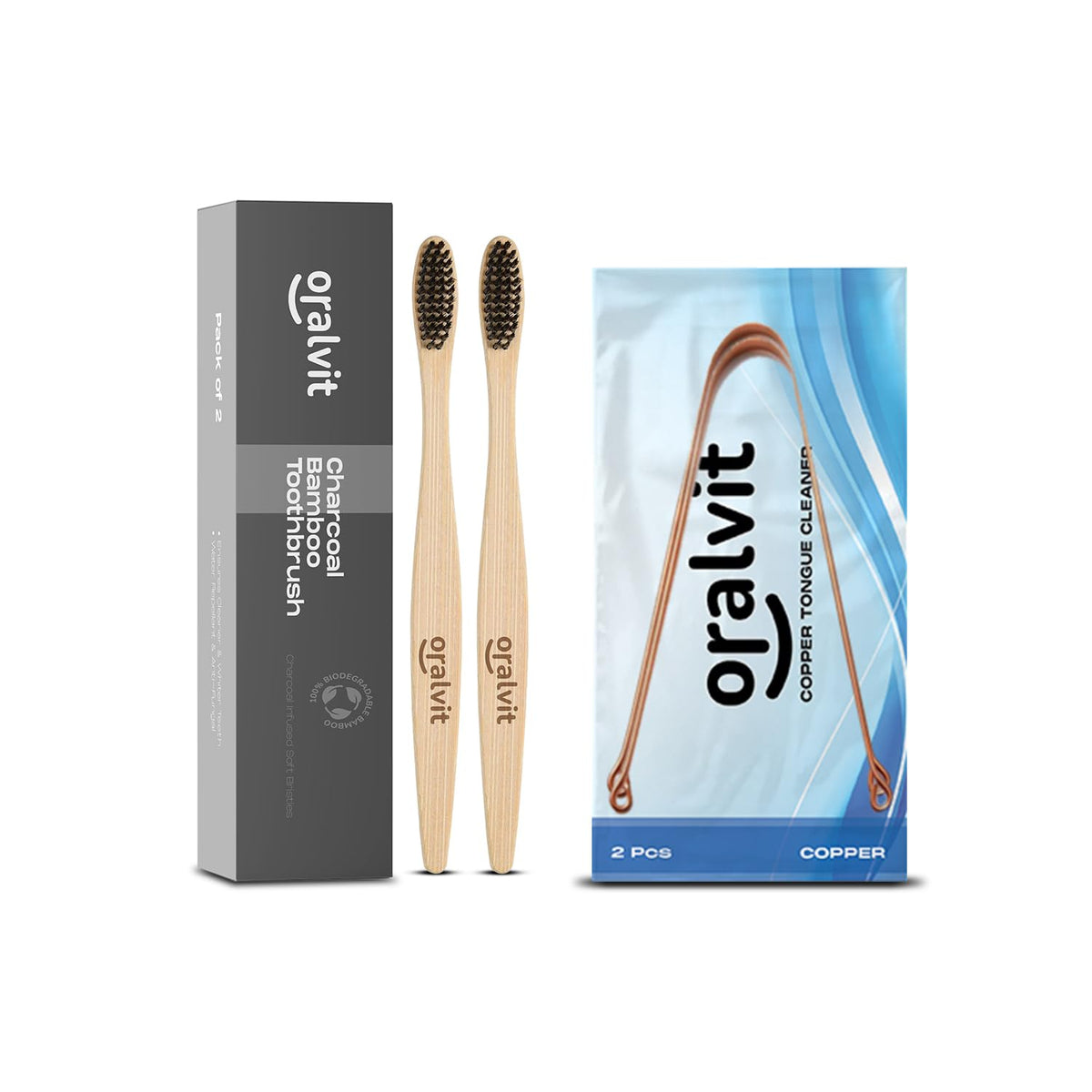Oralvit Charcoal Bamboo Toothbrush - Pack Of 2 & Copper Tongue Cleaner - 2 Pcs