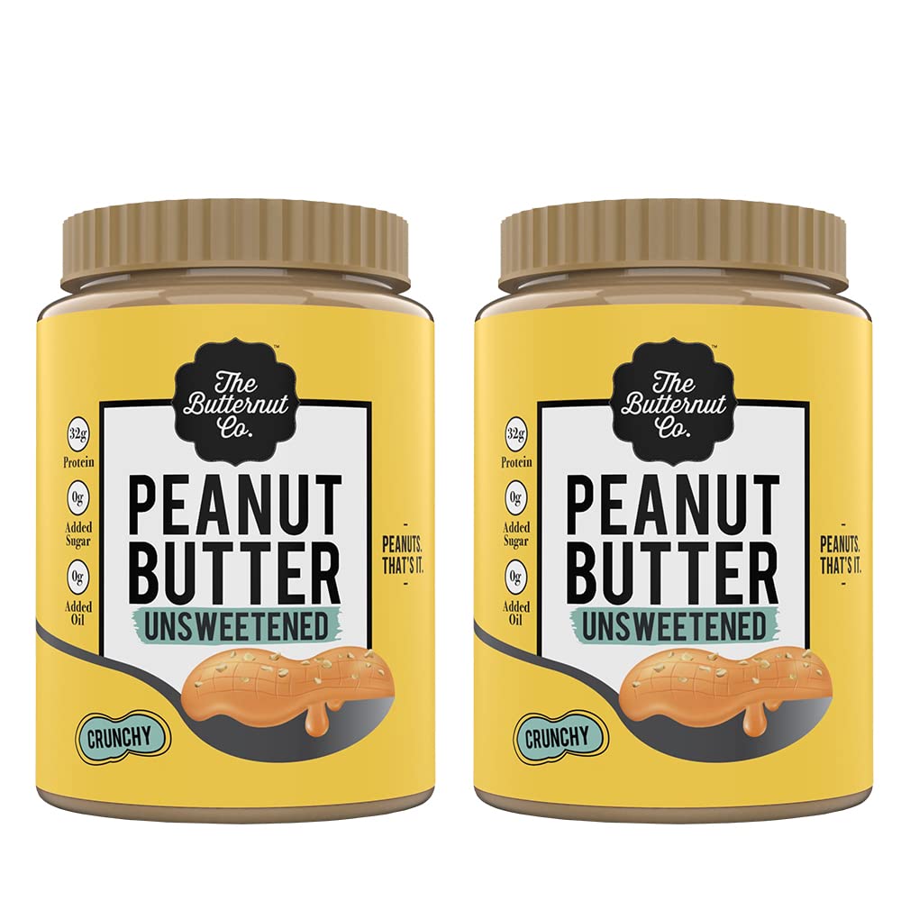 The Butternut Co. Natural Peanut Butter (Crunchy) 1kg, PACK OF 2, Unsweetened, 32g Protein, No Added Sugar, 100% Peanuts, No Salt, High Protein Peanut Butter, Vegan