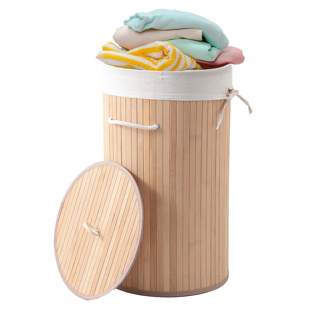 USHA SHRIRAM Foldable Bamboo Laundry Basket With Lid | Sustainable & Eco-Friendly | Travel Essential | Solid Laundry Basket (35cmx35cmx60cm) | Easy To Carry (1 Pcs, Natural)
