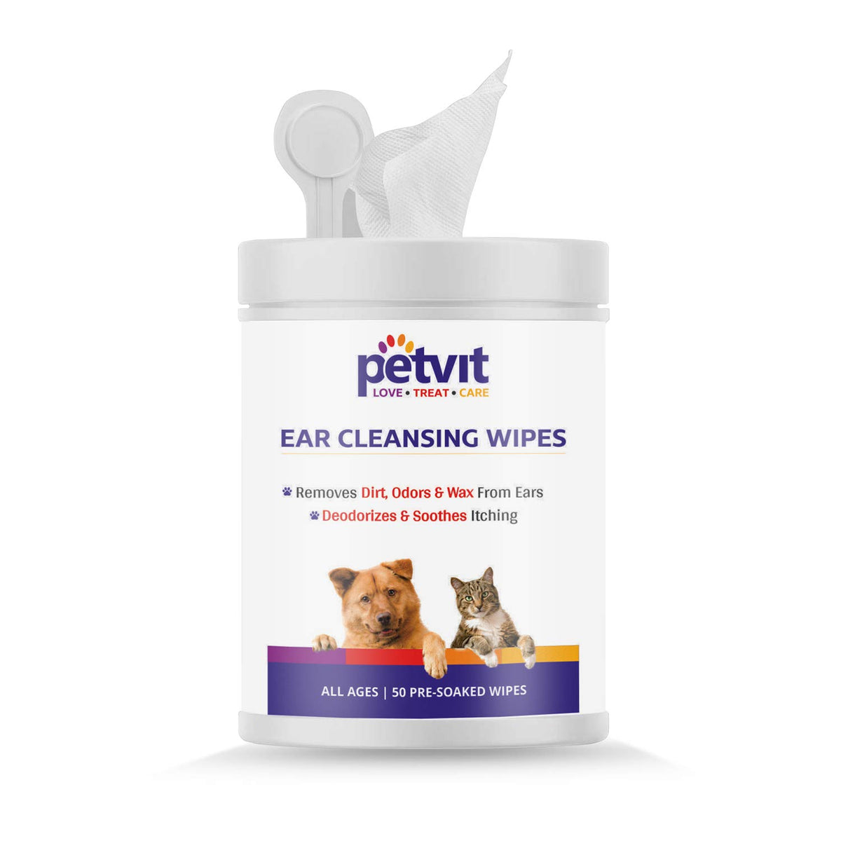 Petvit Ear Cleansing Wipes | Dogs and Cats - Gental Care | Dirt removal |Odors & Wax | Fragrance-Free cleansing wet wipes (50 Wipes)