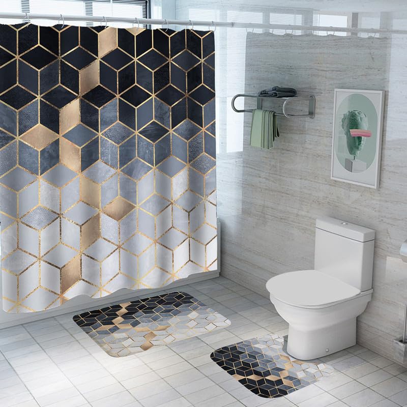 Encasa Shower Curtain & Bathmat 3 Pcs Set| Curtain 180x180 cm, Mats 45x75 cm, 45x37.5 cm| Creative Vibrant Coloured Polyster Curtain Sets with Non-Slip Bath mats for Bathroom| Golden Cubes Gradient
