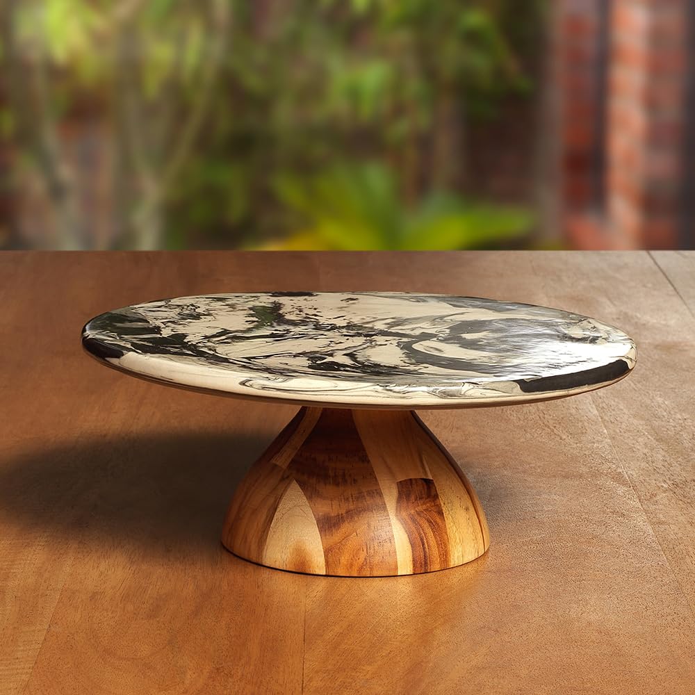 Ellementry Carbon Ceramic and Wooden Cake Stand with Wooden Base | Decorating Round Pizza Cake Stand| Fruit & Dessert Stand| Round Cup Cake Table | Wooden Table Stand for Birthday & Anniversary