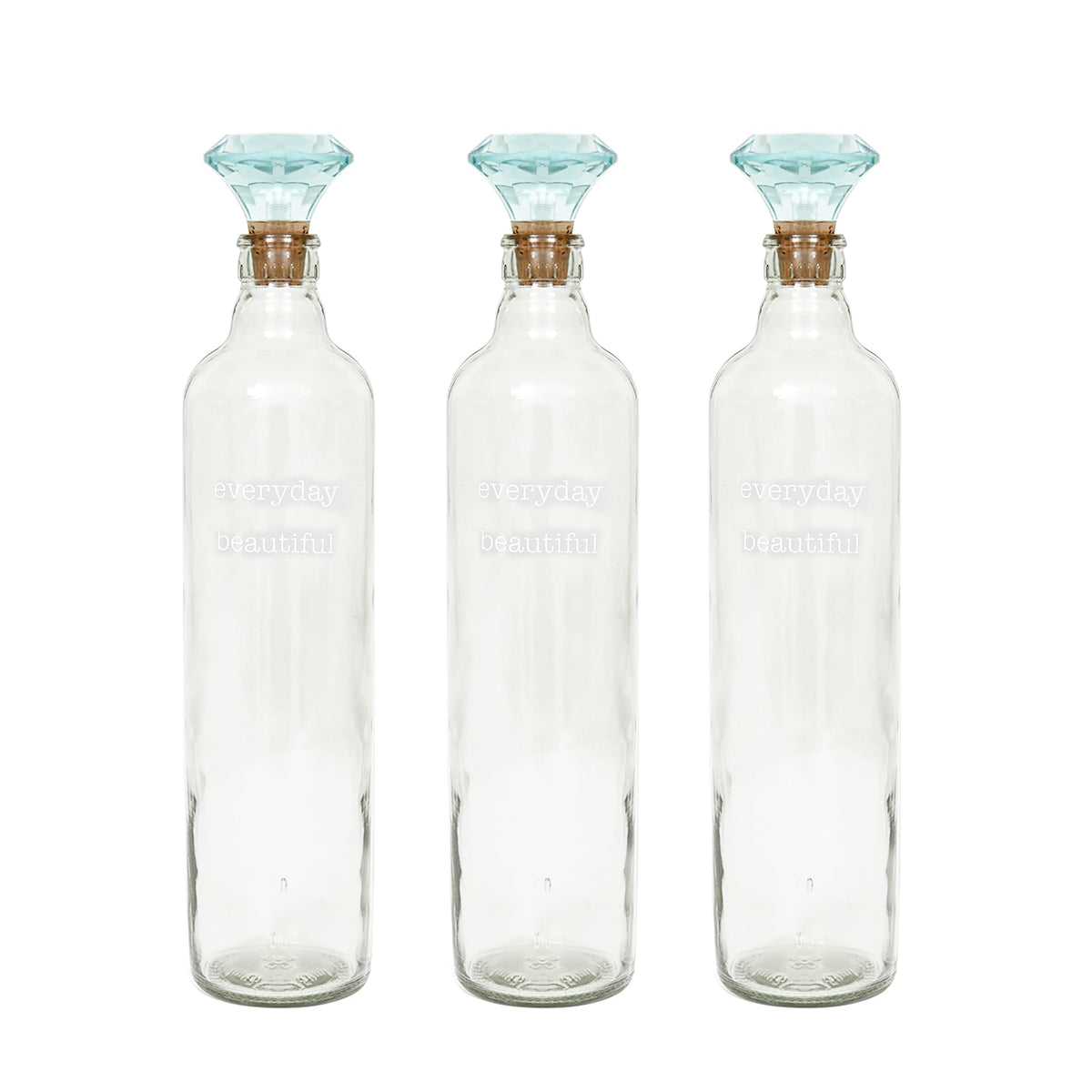 Ellementry Everyday Glass Bottle With Blue Glass Stopper | 750 ml | Clear | Water Bottle | Milk Bottle | Juice Bottle | Cocktail Bottle | Handcrafted | Sustainable | Food Safe | Fusion | Set of 3
