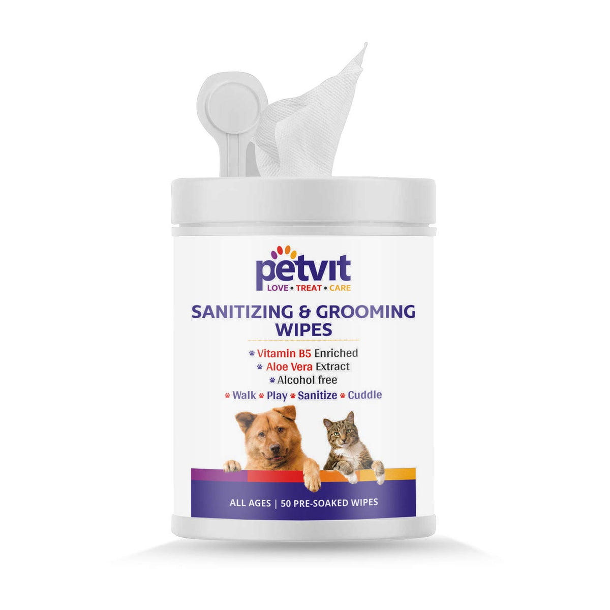 Petvit Sanitizing & Grooming Wipes for Dogs and Cats - Gentle Care | Dirt removal | Fragrance-Free wet wipes for cleaning pets (50 Wipes)