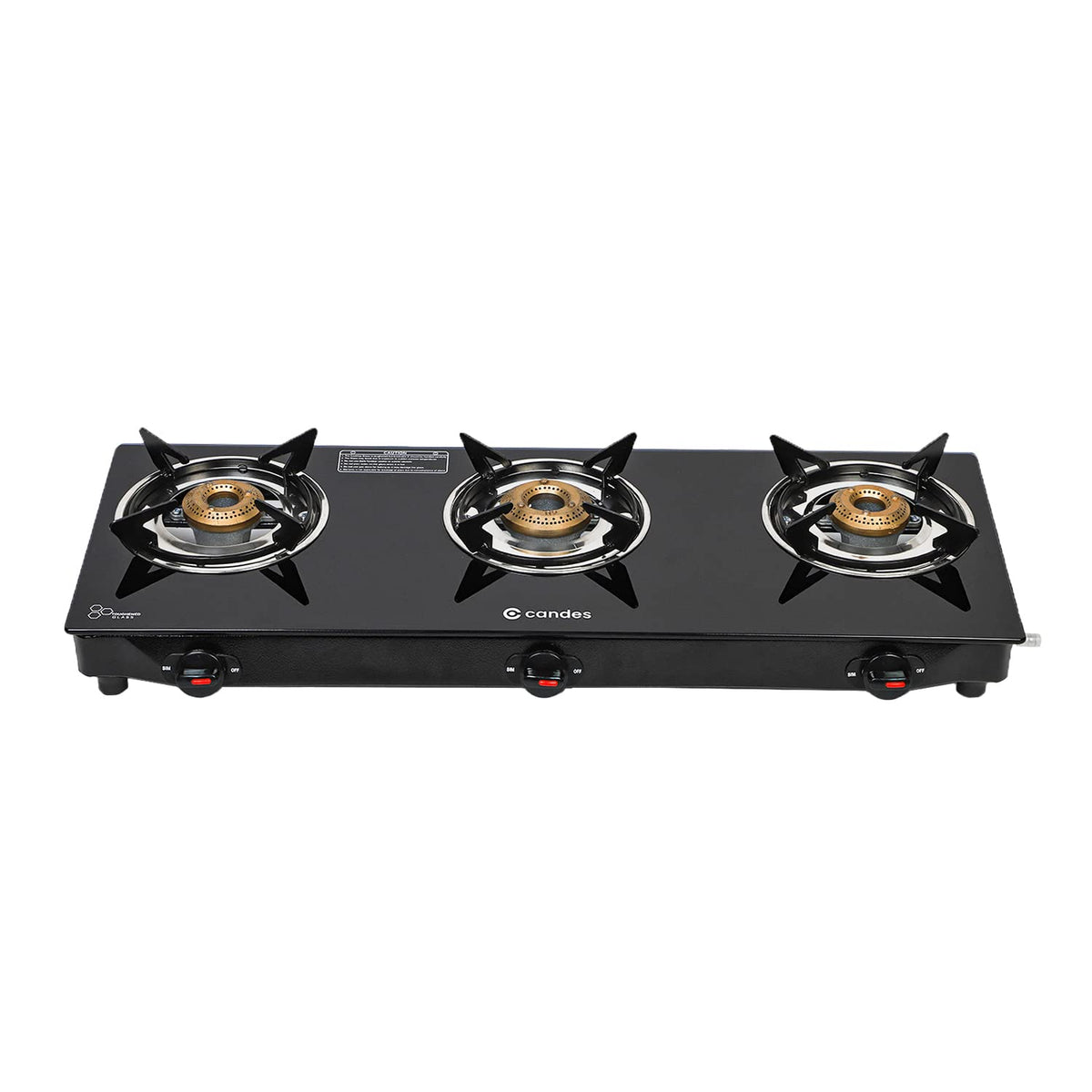 Candes Glass Gas Stove 3 Burners Premium Die Cast Alloy | Manual Ignition Tornado Burner With 6 mm Toughened Glass Top | Nylon Ergonomics Knob | LPG Compatible | ISI Certified | 1 Yr Warranty | Black