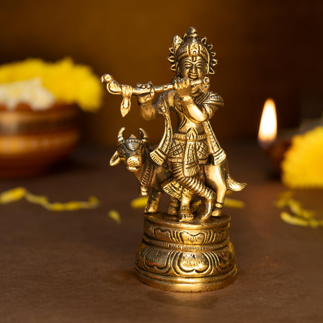 Ekhasa 100% Pure Brass Lord Krishna Idol with Flute (Size: 12.8 cm