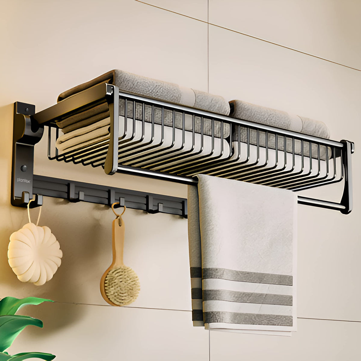 Plantex Aluminium Towel Rack/Towel Rod/Towel Hanger with Hooks/Bathroom Organizer/Bathroom Accessories (961,Black) - Pack of 1