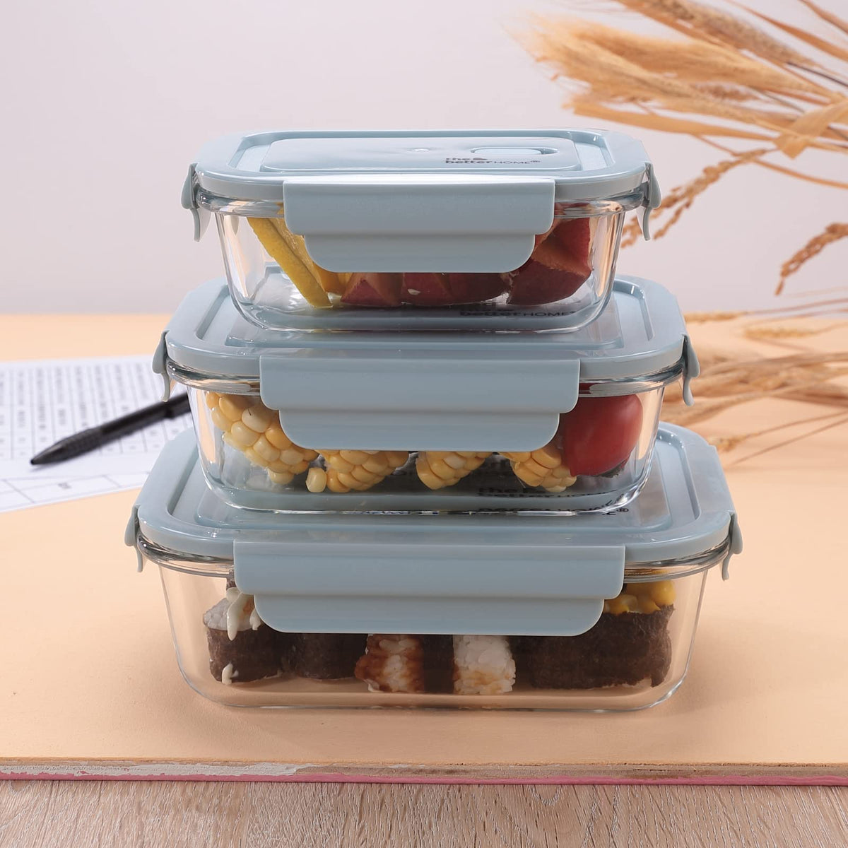 The Better Home Borosilicate Glass Lunch Box Set of 3 (1040ml, 680ml, 410ml) Tiffin Box for Office for Men Women | Lunch Box for Women School Kids | Microwave Safe Leak Proof Airtight Lunch Box| Blue