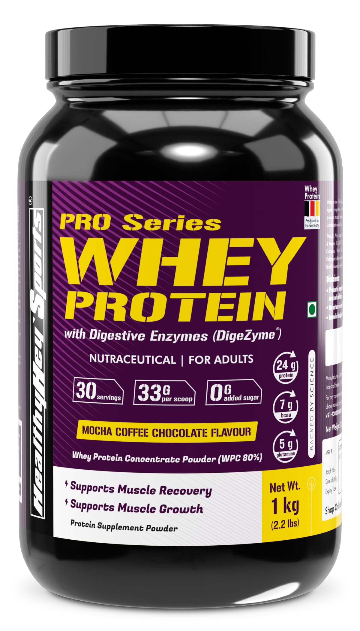 HealthyHey Sports Whey Protein Concentrate - Helps in Muscle Synthesis (Mocha Coffee Flavour, 1kg)