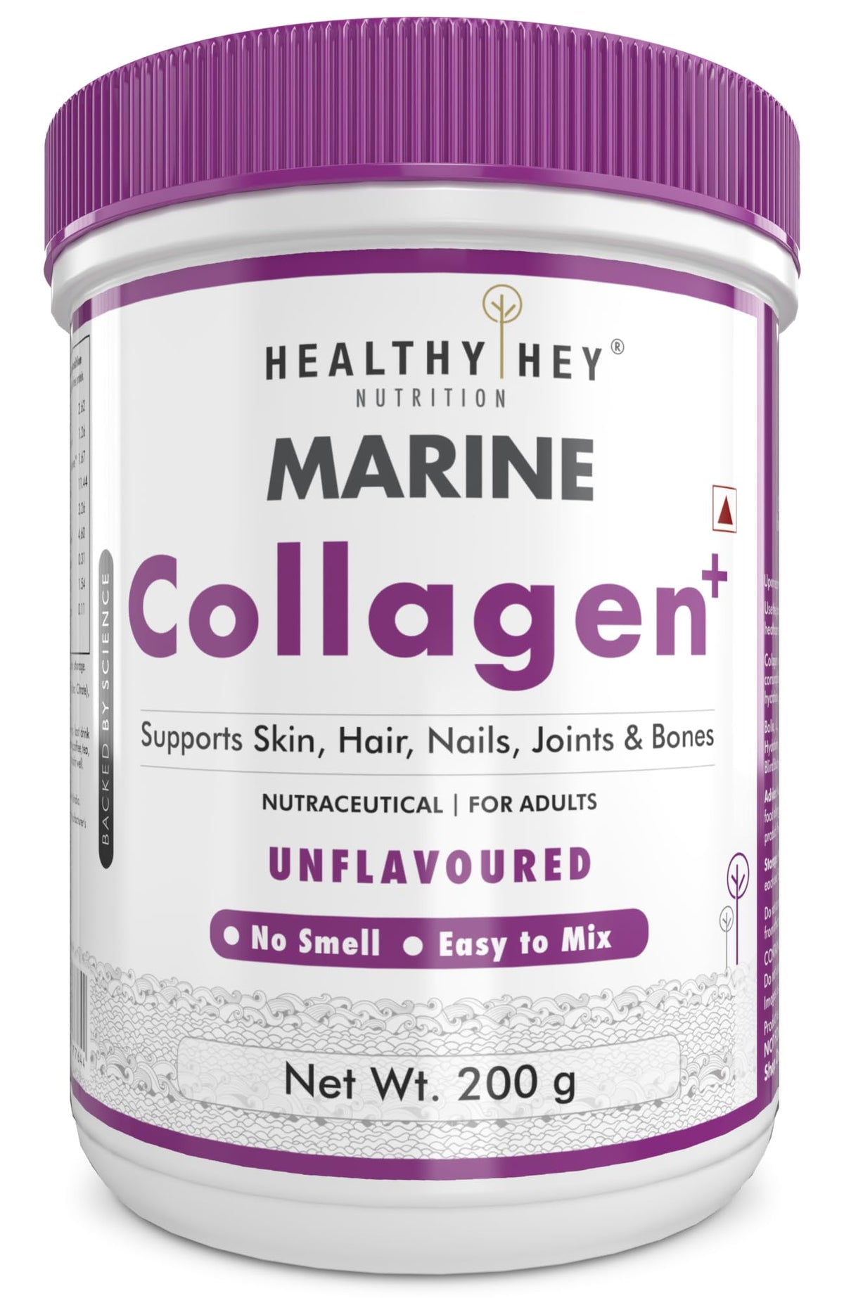 HealthyHey Marine Collagen Powder - Hydrolyzed Fish Collagen Peptides | Type 1 & 3 Collagen Supplement with Hyaluronic Acid | For Skin, Hair, Nails (Unflavoured, 200,g)