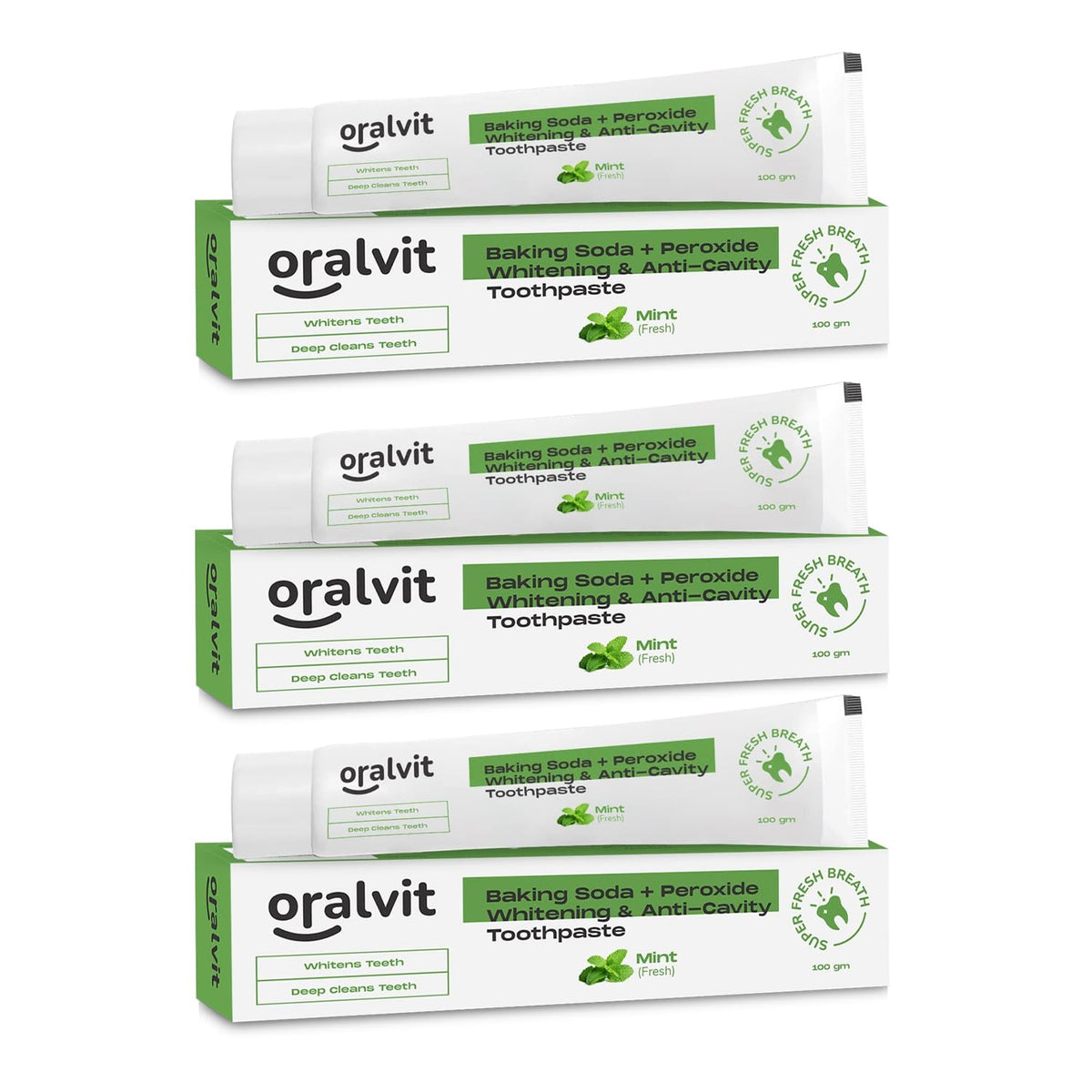 Oralvit Baking Soda and Peroxide Toothpaste for Whitening & Anti-Cavity | Toothpaste with Fresh Mint | Deep Cleanse |Super Fresh Breath | Extreme Whitening– 100gm Mint Flavour (Pack of 3)