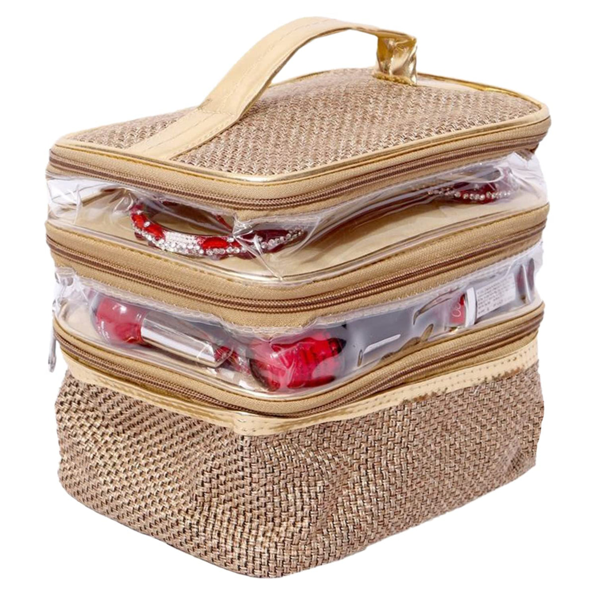 Kuber Industries Jute 3 Compartment Jewellery Organizer For Bangles, Small Jewellery & Cosmetic (Gold) 54KM4074