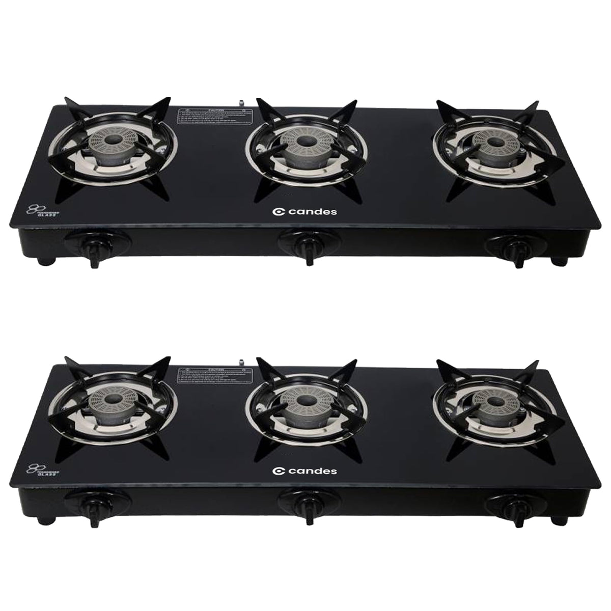 Candes Glass Automatic Gas Stove 3 Burners With Premium Die Cast Alloy | Pack Of 2 | Tornado Burner | 6 mm Toughened Glass Top | Nylon Knob | LPG Compatible | ISI Certified | 1 Yr Warranty | Black