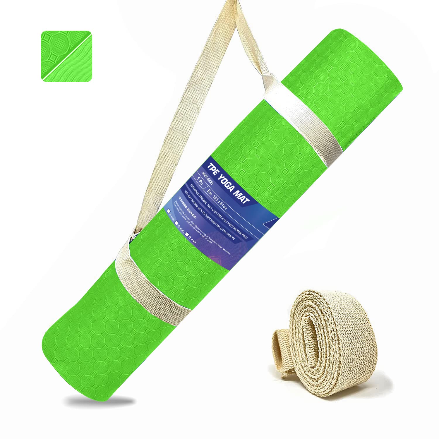 Strauss Anti Skid TPE Yoga Mat with Carry Strap, 8mm, (Green
