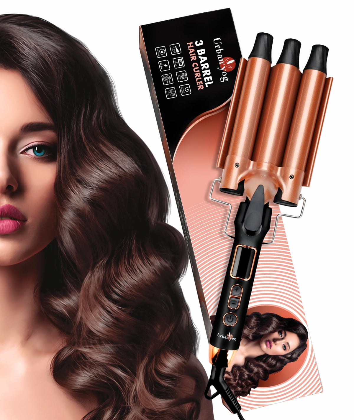 Urban yog 3 Barrel Hair Curler For Women'S Hairstyle|Double Ceramic Coated Barrels|Instant Heat Up|Adjustable Temperature Settings With Led Display|Suitable For All Hair Types|Black And Rose Gold