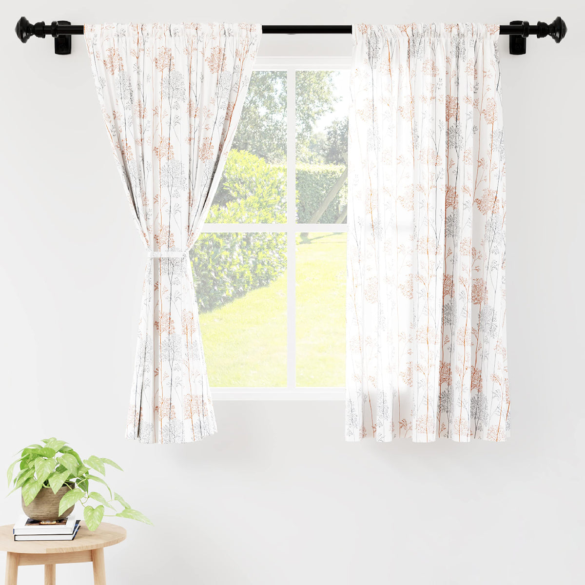 Encasa Homes Polyester Printed Window Curtain for 5 ft with Tie Back, Rod Pocket, Light-Filtering, Curtains for Kitchen, Bedroom, Living Room (142x150 cm), Oranges Branches, Set of 2