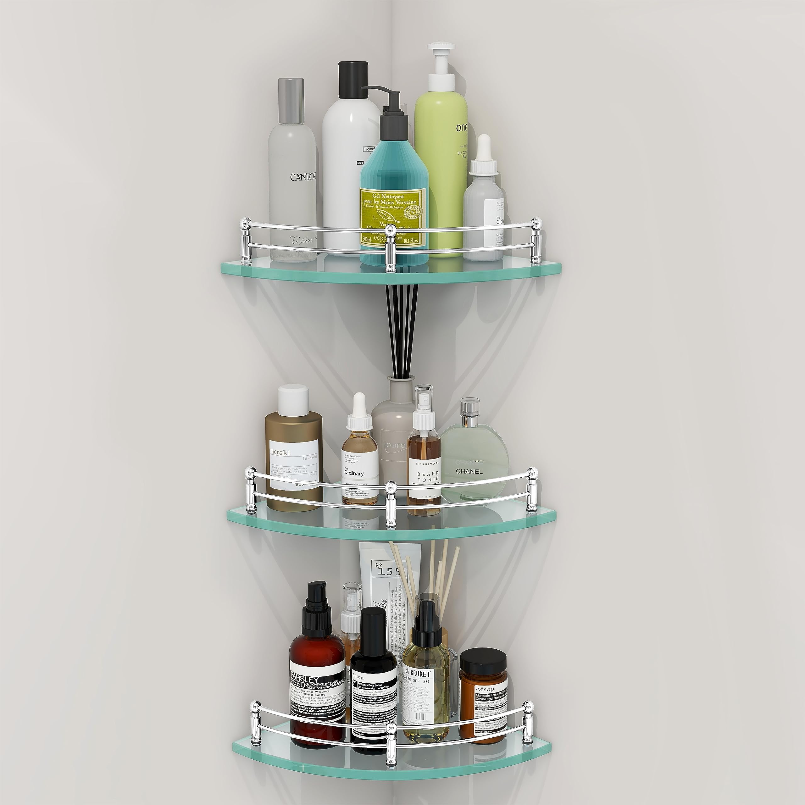 Plantex Transparent Glass Corner Shelf for Bathroom/Wall Storage