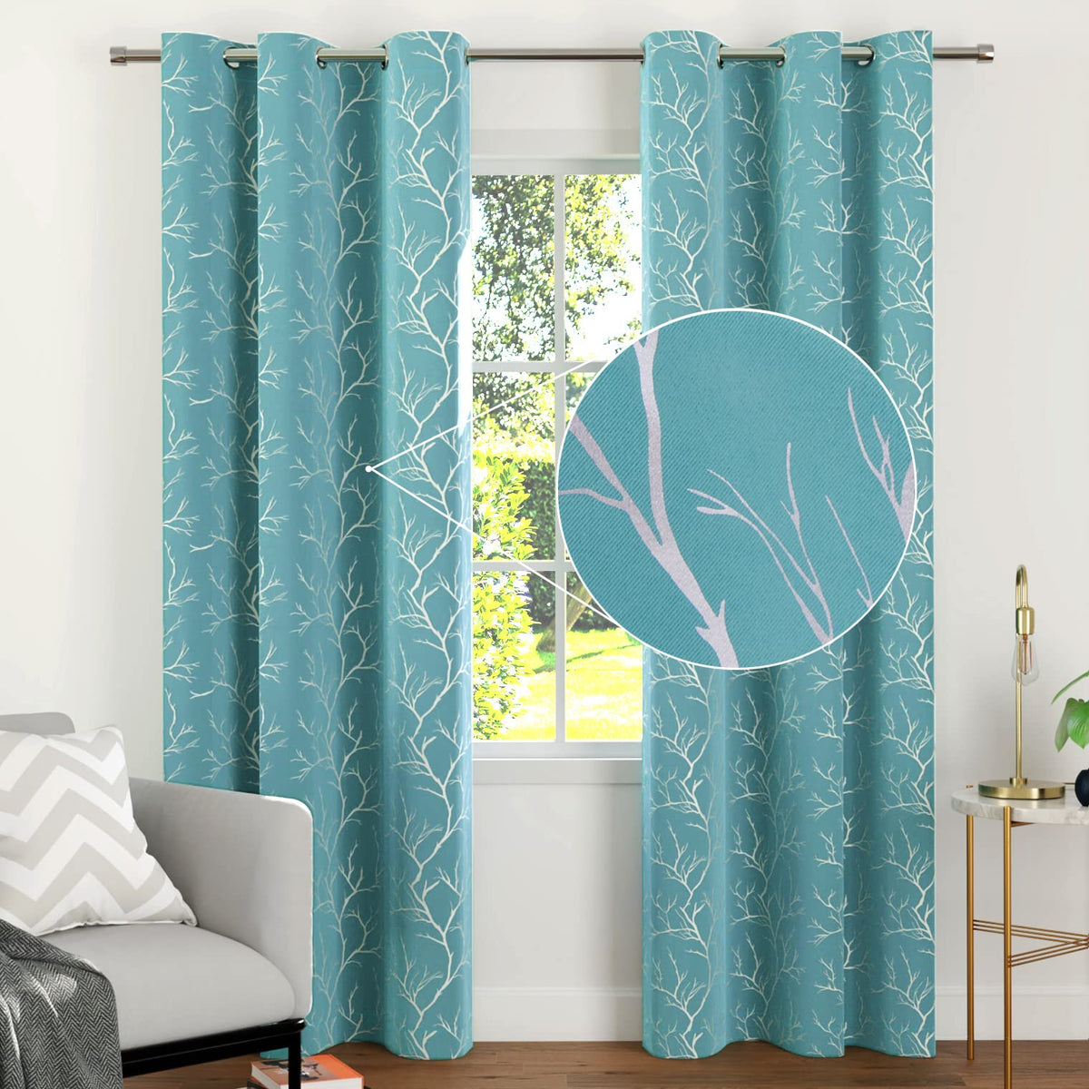 Encasa Homes Room Darkening Blackout Curtains 2 Panels Silver Foil Printed Plain Colours for Kids Bedroom, Living Room with Grommet, 85% Light Blocking, Sound & Heat Reducing, 7 ft -Twigs Teal