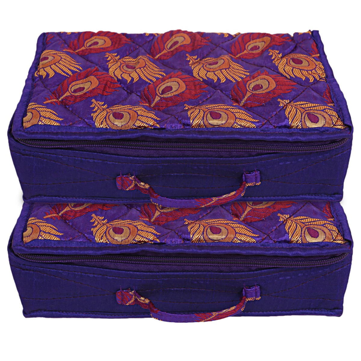 Kuber Industries Feather Print Satin Jewellery Organizer For Small Jewellery With 4 Pouches Pack Of 2 (Purple) 54KM4061