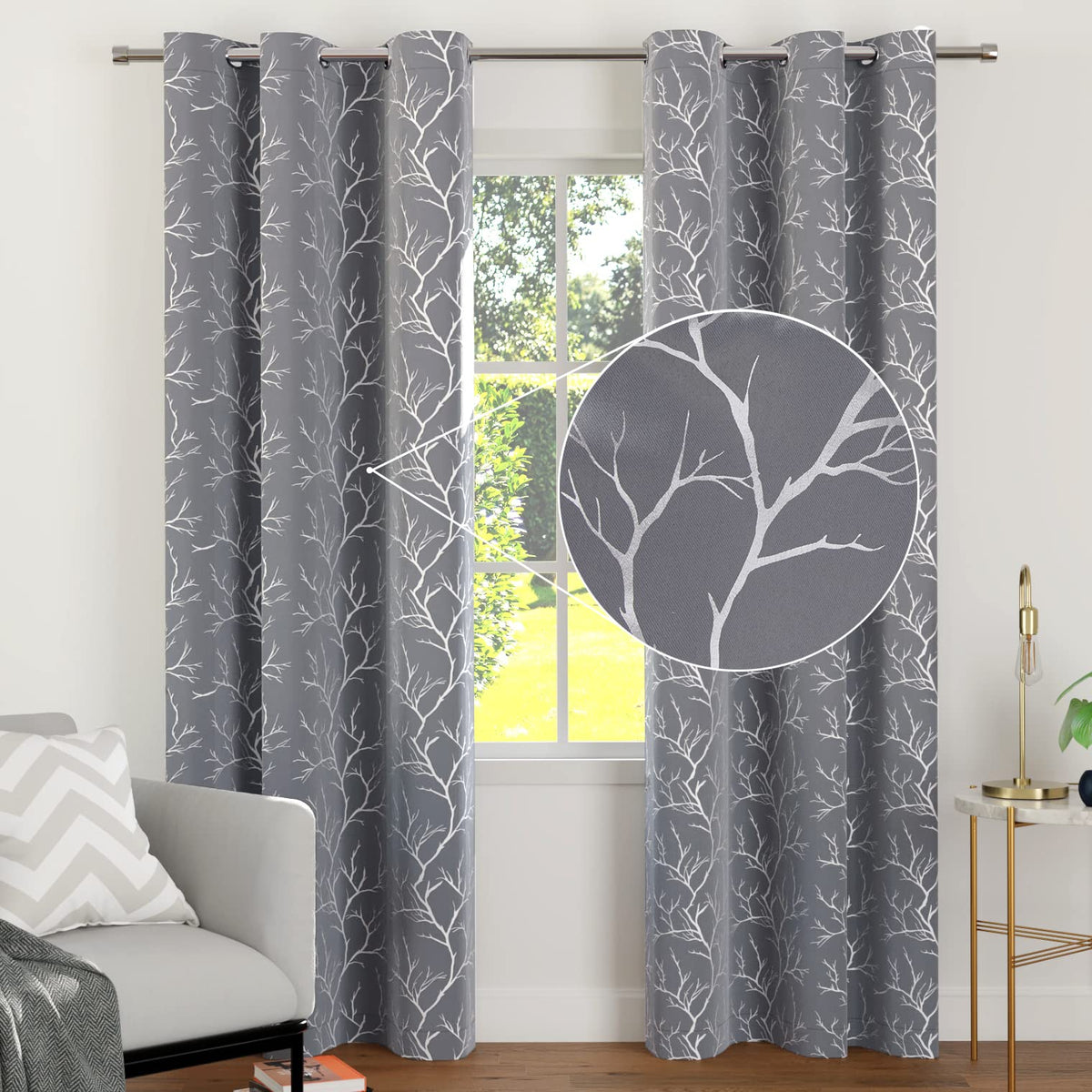Encasa Homes Room Darkening Blackout Curtains 2 Panels Silver Foil Printed Plain Colours for Kids Bedroom, Living Room with Grommet, 85% Light Blocking, Sound & Heat Reducing, 7 ft -Twigs Grey