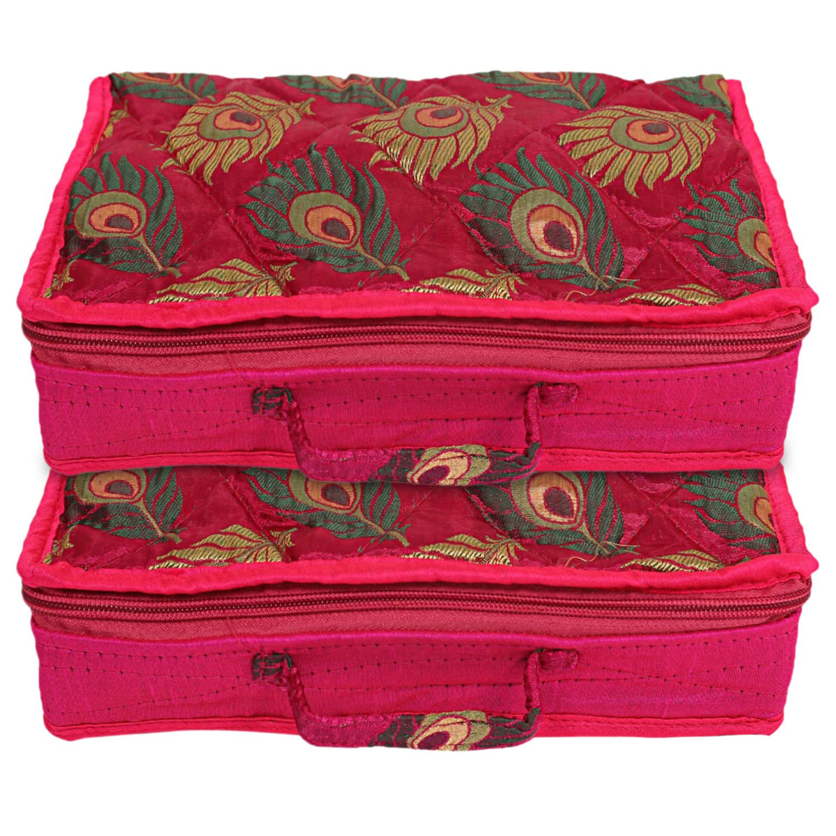 Kuber Industries Feather Print Satin Jewellery Organizer For Small Jewellery With 4 Pouches Pack Of 2 (Pink) 54KM4063