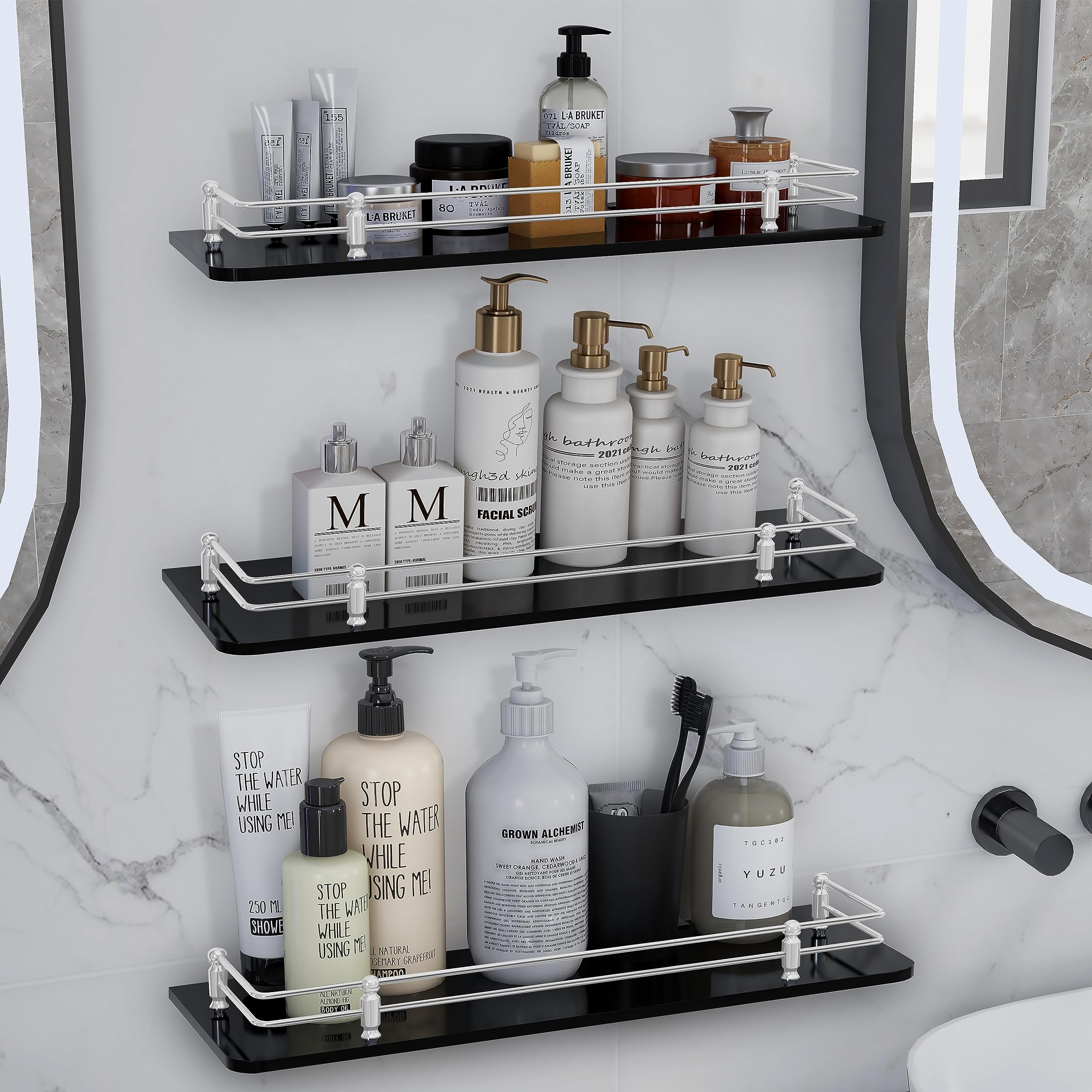 Plantex GI Steel Self-Adhesive Multipurpose Bathroom Shelf with Hooks/Towel  Holder/Rack/Bathroom Accessories - Wall Mount (Black,Powder Coated)
